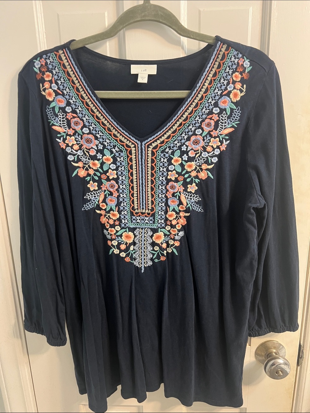 J. Jill Navy V-Neck Tunic with Coral and Light Blue Floral Embroidery